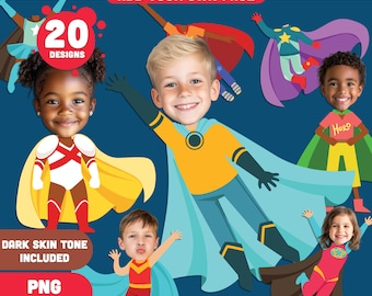 Kids Superheroes Body Clipart Templates – Add Your Own Face to 20 Fun Hero Designs! Light + Dark Skin Tones, PDF + PNG Instant Download