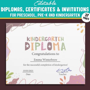 37 páginas de plantillas personalizables de diplomas, certificados e invitaciones para graduación de preescolar y jardín de infantes, archivo PDF, descarga instantánea