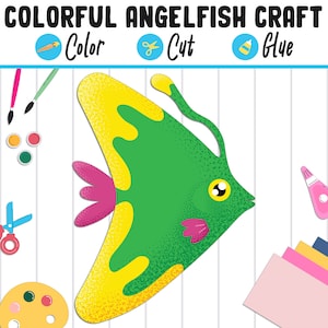 May include: A printable craft template of an angelfish with yellow, green, and pink details. The template includes instructions to color, cut, and glue the pieces together.
