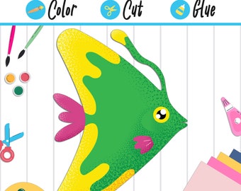 Può includere: Un modello di artigianato stampabile di un pesce angelo con dettagli gialli, verdi e rosa. Il modello include istruzioni per colorare, tagliare e incollare i pezzi.