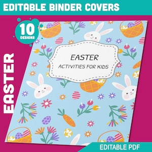 May include: A blue background with a pattern of Easter eggs, bunnies, baskets, flowers, and carrots. The text "Easter Activities for Kids" is in a white frame. The text "Editable PDF" is at the bottom of the image. The text "10 Designs" is in a circle at the top left of the image.