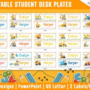 Plaques de bureau d’étudiant 30 véhicules de construction imprimables / modifiables Étiquettes nominatives / plaques signalétiques, un ajout utile à votre classe