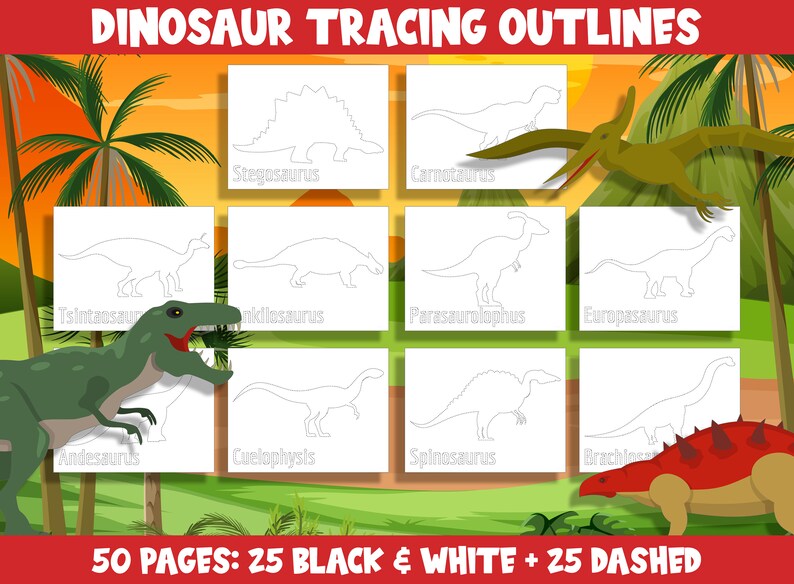 Dinosaur Coloring Pages: 25 Printable Dinosaur Outlines and 25 Dashed ...