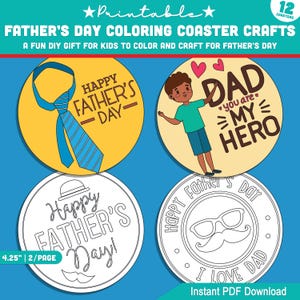 Puede incluir: Un conjunto de 12 posavasos para colorear imprimibles para el Día del Padre. Los posavasos presentan diferentes diseños, incluyendo una corbata, un papá con el texto "Eres mi héroe", un sombrero y un bigote, y gafas y un bigote. Los posavasos tienen un diámetro de 10,8 cm y están diseñados para imprimirse en 2 páginas.