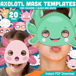 Könnte beinhalten: Das Bild zeigt digitale Axolotl-Maskenvorlagen. Kinder tragen farbenfrohe Axolotl-Masken. Der Text lautet "AXOLOTL MASK TEMPLATES" und "PRE-COLORED + BLACK AND WHITE". Das Bild enthält auch den Text "20 PAGES" und "Instant PDF Download".
