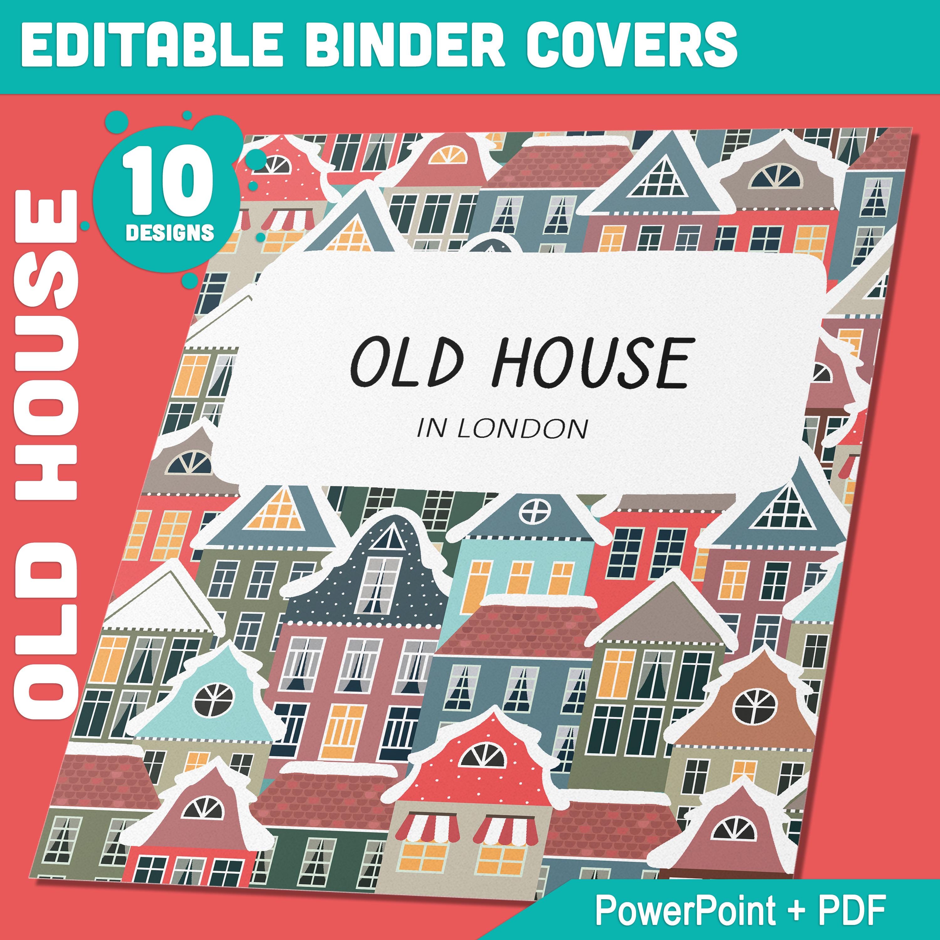 10 edytowalnych okładek do segregatorów Old House, zawiera grzbiety 1, 1,5 i 2", dostępne w formatach A4 i US Letter, edytowane za pomocą programu PowerPoint lub czytnika PDF