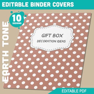 Puede incluir: Una cubierta de carpeta imprimible con fondo marrón y lunares blancos. La cubierta tiene una etiqueta blanca con el texto "Ideas de decoración de caja de regalo".