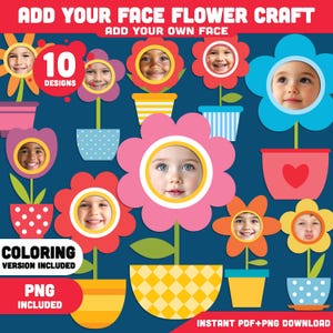 Spring Flower Add Your Face Craft, Printable Flower Image Insert Template, Photo Cut and Paste Activity, Coloring Version, PDF + PNG