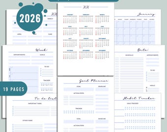 Printable 2026 Planner: Minimalist Daily, Weekly, Monthly & Yearly Templates, 19 Pages in A4/A5/Letter Sizes, Habit Tracker, Goal Planner.