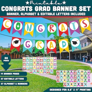 Pancarta imprimible de felicitación para graduados, pancarta de graduación con alfabeto y números, letras editables y no editables, juego de decoración de 8.5 x 11 pulgadas.