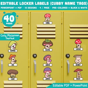 Editable Locker Labels (Cubby Name Tags), Cute Mushroom Themed, Perfect for Back to School, PDF + PowerPoint, Black & White + Color.