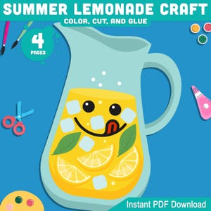 Könnte beinhalten: Eine digitale Bastelvorlage mit dem Titel SUMMER LEMONADE CRAFT COLOR, CUT, AND GLUE, die einen hellblauen Krug mit gelber Limonade, Eiswürfeln, Zitronenscheiben und grünen Blättern mit einem lächelnden Gesicht sowie Bastelutensilien zeigt.