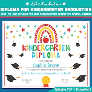 Bearbeitbares Kindergarten Umzugsdiplom - Regenbogen Abschluss Vorlage für die Feier zum Jahresende in Power Point & PDF, Sofort-Download