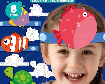 May include: A child wearing a red pufferfish crown hat. The image features a blue background with illustrations of various ocean animals, including a clownfish, a turtle, and other fish. Text reads "OCEAN ANIMAL CROWN HAT TEMPLATES" and "Instant PDF Download."