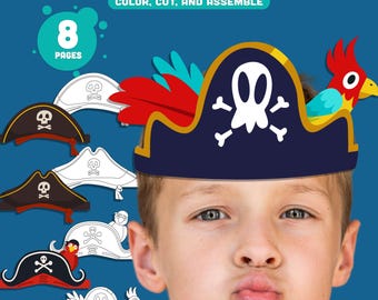 Pirate Hat Paper Crown Templates, Printable Kids Craft with 4 Fun Headband Designs in Color & Black-and-White, Easy DIY, Instant Download.