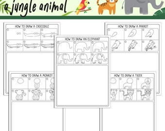 Aprenda a dibujar un animal de la selva: tutorial paso a paso de dibujo dirigido, incluye 5 páginas para colorear, archivo PDF, descarga instantánea.