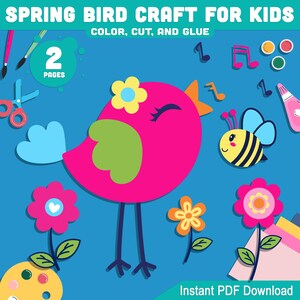 May include: A printable craft activity for kids featuring a colourful bird, bee, and flowers. The craft includes instructions to colour, cut, and glue the pieces together. The title of the craft is "Spring Bird Craft for Kids".