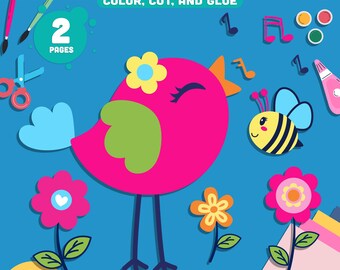 Spring Bird Craft for Kids: DIY Color, Cut and Glue Art Activity for Spring, Encouraging Creativity and Learning, Instant Download Available