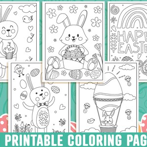 May include: A collection of 40 printable coloring pages featuring Easter-themed illustrations. The pages include images of bunnies, Easter eggs, flowers, and the text "Happy Easter". The designs are in black and white, ready for coloring.
