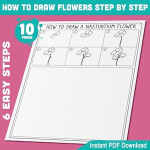 Learn to Draw Flowers: 5 Easy Step-by-Step Tutorials + 5 Fun Coloring Pages, Iris, Tulip, Nasturtium, Sweet Pea, Aconitum, Instant Download
