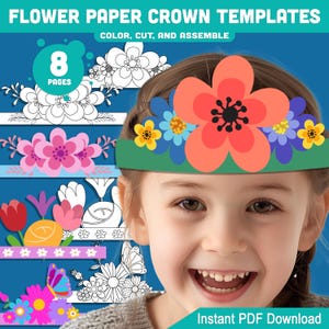 Modelli di corone di fiori in carta, cerchietto primaverile stampabile, 8 pagine, 4 modelli a colori e in bianco e nero, grazioso cappello artigianale per bambini.