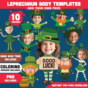 May include: A digital download featuring 10 leprechaun body templates with space to add a face. The designs include green outfits, hats, and accessories. The image includes the text "GOOD LUCK!" and "DARK SKIN TONE INCLUDED".