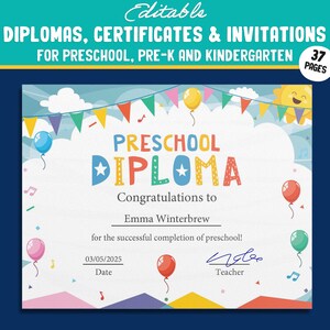 Up, Up, and Away: 37 bearbeitbare Seiten mit Ballon-Themen Diplome, Zertifikate und Einladungen für Vorschule, Kindergarten, Sofort Download
