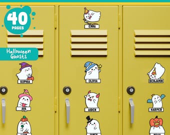 Editable Locker Labels (Cubby Name Tags), Cute Halloween Ghosts Themed, PDF +PowerPoint, Pre-Colored +Black & White Back to School Printable