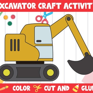 Actividad artesanal de excavadora: colorear, cortar y pegar para preescolar a segundo grado, archivo PDF, descarga instantánea
