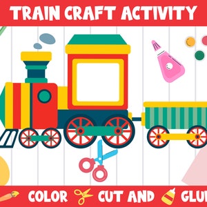 Puede incluir: Una actividad artesanal para niños con un tren colorido y un vagón. La actividad incluye instrucciones para colorear, cortar y pegar el tren.