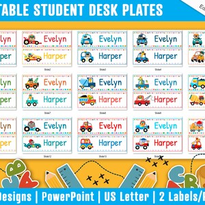 Student Desk Plates 30 Printable/Editable Car and Truck Classroom Name Tags/Name Plates for Student, a Helpful Addition to Your Classroom