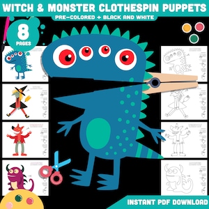 May include: Witch & Monster Clothespin Puppets digital download featuring 8 pages of pre-colored and black and white printable characters. Includes a blue monster puppet with red eyes and a wooden clothespin mouth mechanism.