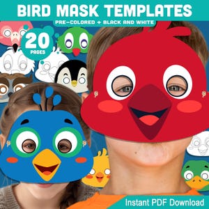 Bird Mask Templates: 20 Printable Pages for Kids’ Paper Craft and Drama Play, Pre-Colored + Black & White Versions, Instant PDF Download
