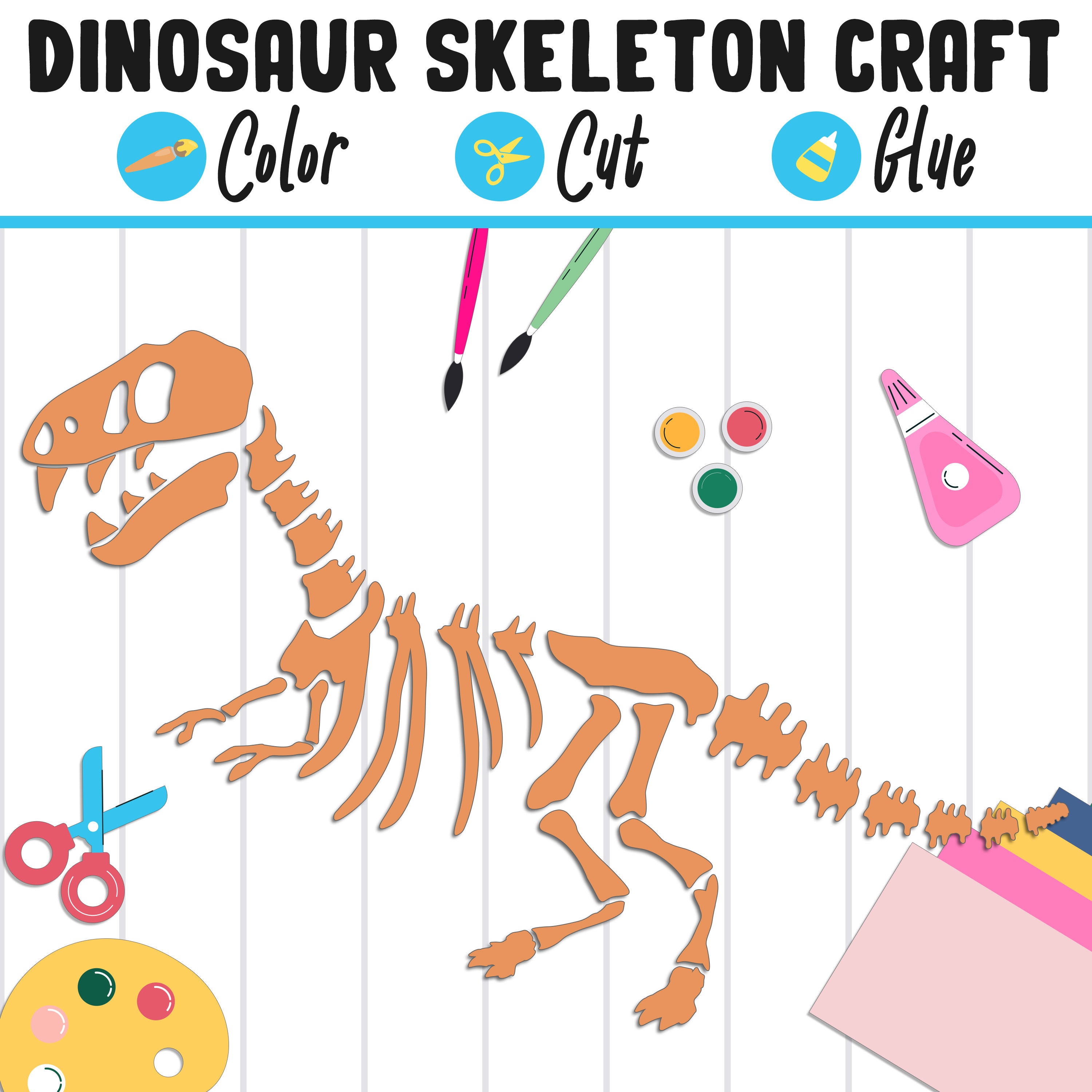 Manualidad de esqueleto de dinosaurio: colorear, cortar y pegar, una  actividad divertida para 1.º a 3.º grado, descarga instantánea en PDF -  Etsy México, image size:3000x3000