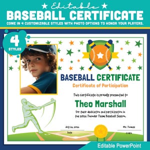 Certificati di baseball modificabili - 4 stili e opzioni di foto / Premi per giocatori di baseball giovanili, regali di fine stagione - Download immediato di PowerPoint