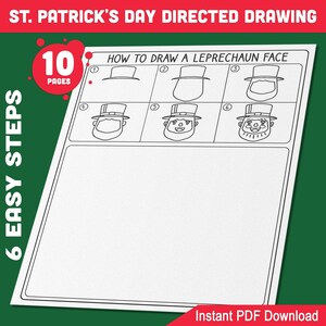 以下が含まれることがあります： レプラコーンの顔の描き方をステップバイステップで説明した、10ページの印刷可能なワークシート。タイトルは「St. Patrick's Day Directed Drawing」と「How to Draw a Leprechaun Face」です。