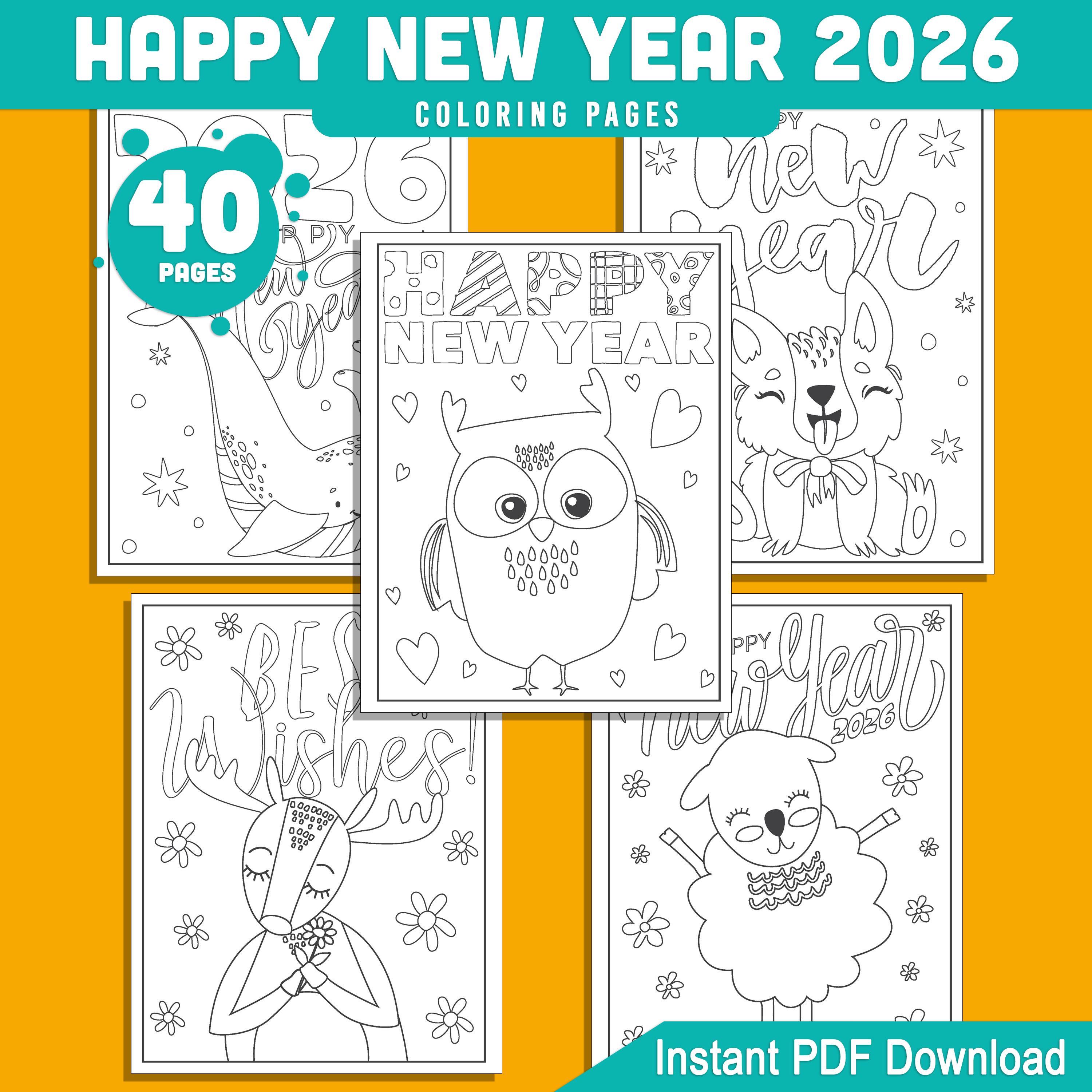 2026 happy new year coloring pages for kids: 40 funny animal