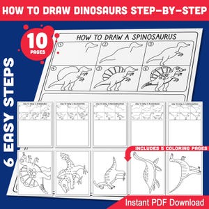 Puede incluir: Una guía blanca titulada "HOW TO DRAW DINOSAURS STEP-BY-STEP" con un borde rojo y azul. La guía incluye instrucciones paso a paso para dibujar dinosaurios, con 10 páginas y 5 páginas para colorear. La guía es una descarga instantánea en PDF.