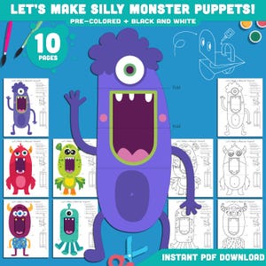 Könnte beinhalten: Blauer Hintergrund mit dem Text "LET'S MAKE SILLY MONSTER PUPPETS!" und "PRE-COLORED + BLACK AND WHITE". Das Bild zeigt eine große lila Monsterpuppe und mehrere kleinere Monsterpuppendesigns. Die Worte "10 PAGES" sind ebenfalls sichtbar.