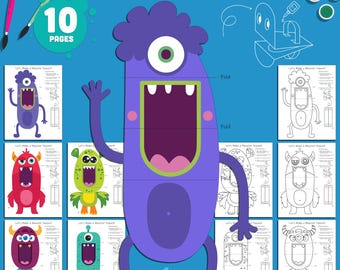 Artisanat bricolage de marionnettes en papier monstre pour enfants : 5 pré-colorés + 5 en noir et blanc, parfait pour les fêtes d'Halloween, le plaisir en classe et le jeu dramatique.
