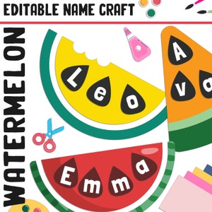 Actividad artesanal con nombre de sandía: tablón de anuncios de verano/regreso a clases, 40 páginas, 5 diseños, en blanco y editable, en color y en blanco y negro