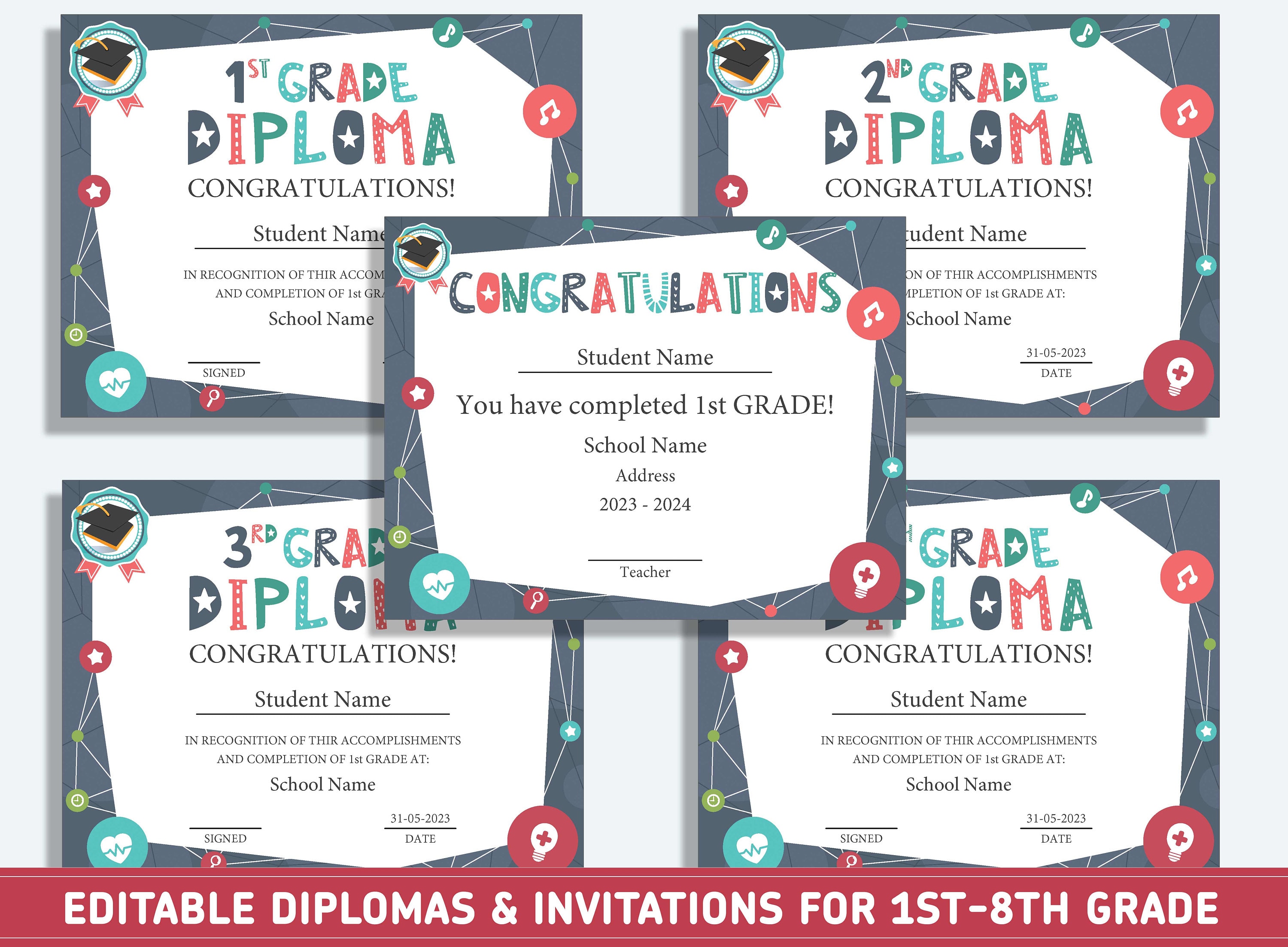 Editable 8th Grade Certificate, 1st to 8th Grade Diploma, Certificate