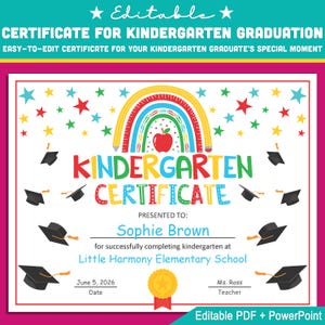 Certificado de jardín de infantes editable, plantilla de diploma de graduación: PDF tamaño carta personalizable + PowerPoint, ¡descarga instantánea!