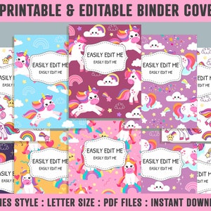 Colorful Unicorn Binder Cover, 10 Printable &amp; Editable Covers Spines ...