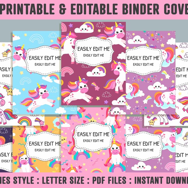 Colorful Unicorn Binder Cover, 10 Printable & Editable Covers + Spines, Teacher/School Binder Labels, Folder Inserts, Planner Template