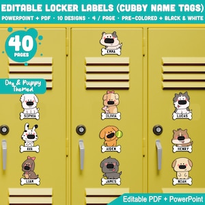 Peut inclure: Des étiquettes de casier modifiables sur le thème des chiens, affichées sur des casiers jaunes. Chaque étiquette présente un dessin animé de chien différent avec un nom sur une étiquette en forme d'os. Les étiquettes sont pré-colorées et en noir et blanc.