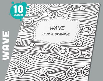 Könnte beinhalten: Schwarz-weißer druckbarer Ordnerumschlag mit Wellenmuster und dem Text "WAVE PENCIL DRAWING" in einem weißen Rechteck.