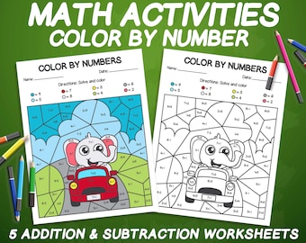 Color By Number for Kids, 5 Printable Color By Number Pages, Printable Math Activities, Animal Color by Number, Addition & Subtraction 1-10