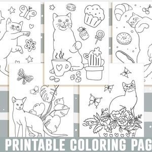 May include: A set of 25 printable coloring pages featuring cute cats in various poses and settings. The pages include images of cats drinking coffee, playing with butterflies, and relaxing in a flower pot.