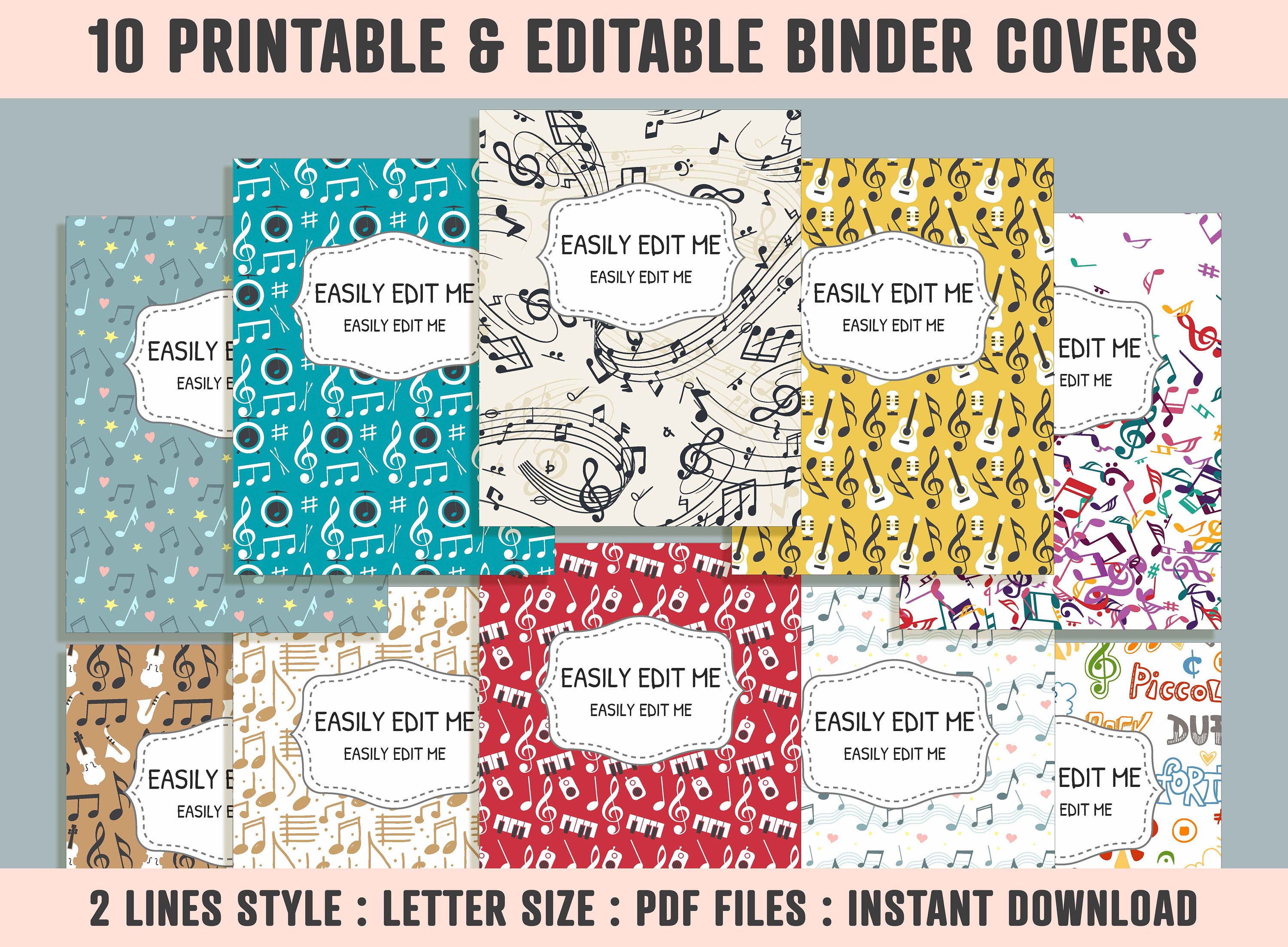 Musical Notes Binder Cover, 10 Printable/editable Coversspines, Teacher